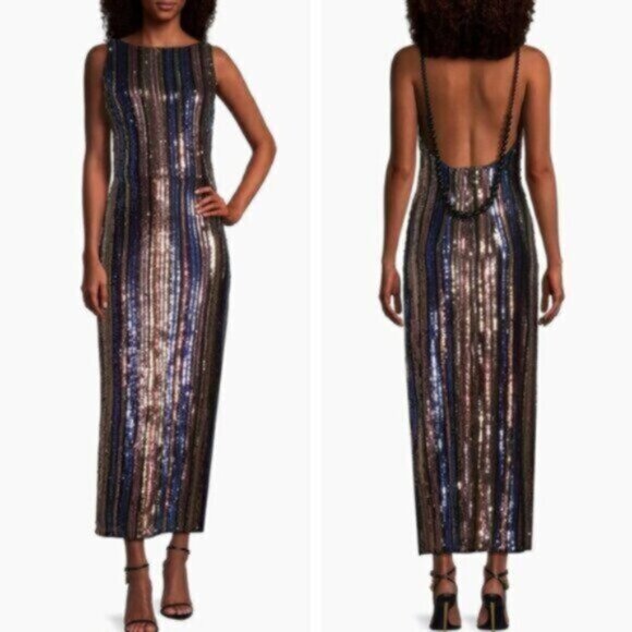 NWOT One33 Social Sequined Stripe Backless Midi Dress - Picture 1 of 14